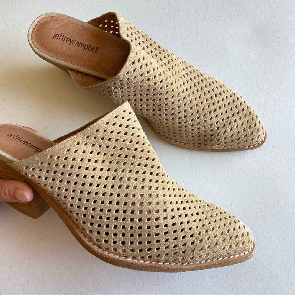 Jeffrey Campbell Size 10 Tan Mesh Suede Leather Slip-on Pointed Mule Block Heel